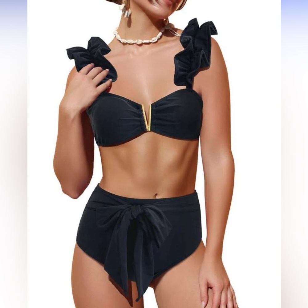 Black Ruffle Sleeve Gold V Detail Bow Bottoms Tie Bikini High Waisted Size M NWT